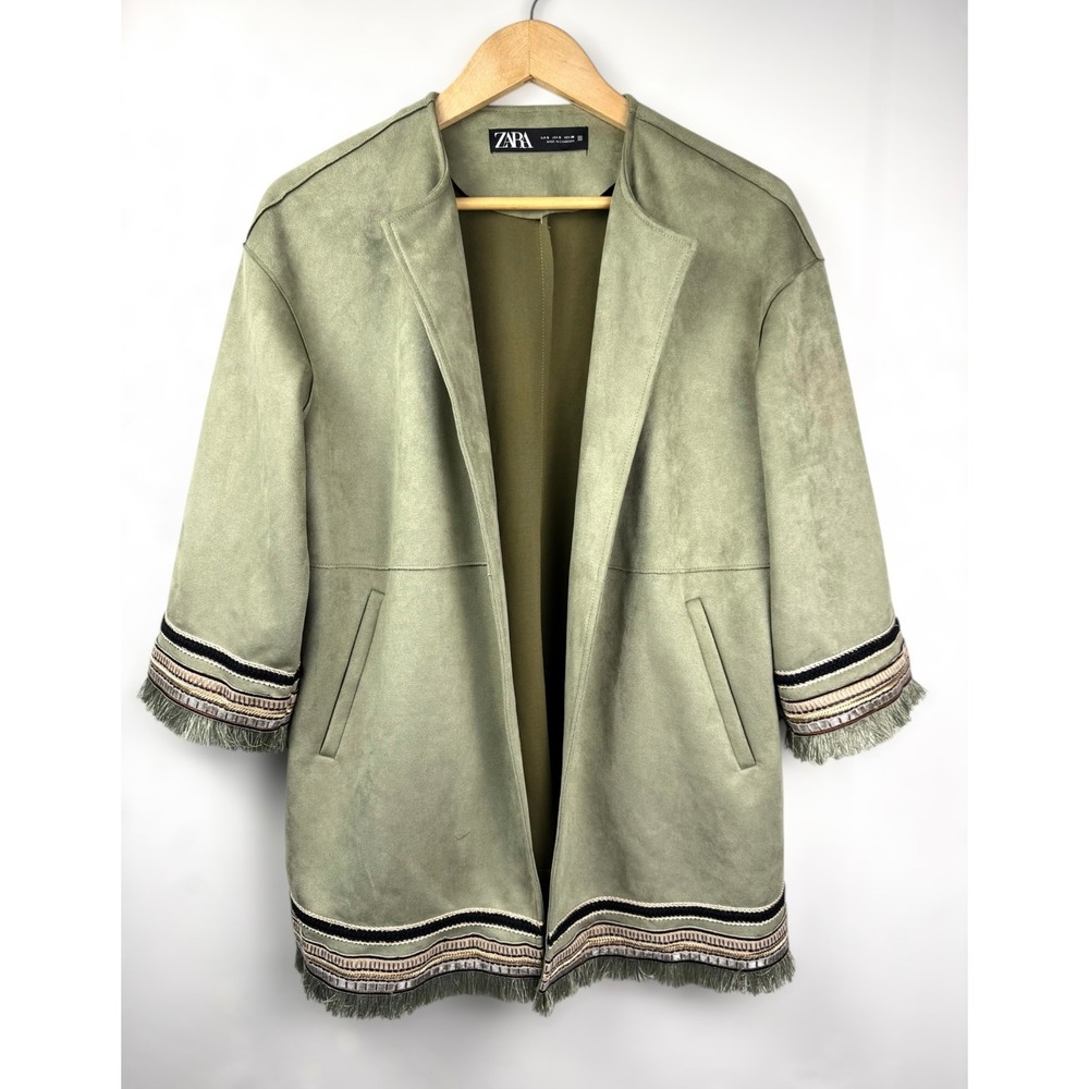 ZARA Olive Green Faux Suede Boho Embroidered/Fringe Trim Kimono Jacket Women's S